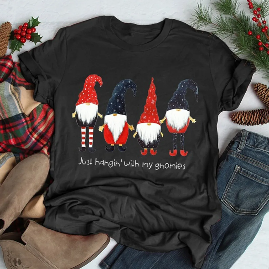 Женские рождественские футболки размера плюс с надписью «Just hahgin'with my ghomies», рождественские хлопковые топы с короткими рукавами и изображением Санта Клауса - Цвет: Black