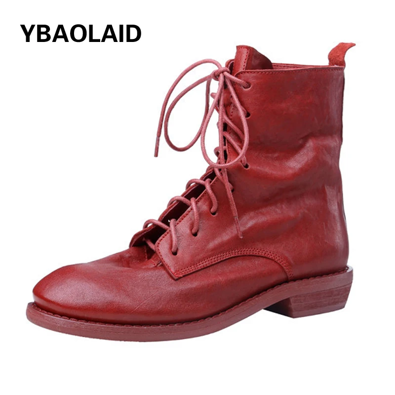 2021 Autumn Winter New Trend Red Personality Martin Boots Female British Style Causal Round Toe Flat Horse Leather Short | Обувь