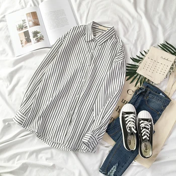 

long striped women shirts 2020 summer new turn-down loose office lady elegant all match shirts outwear tops