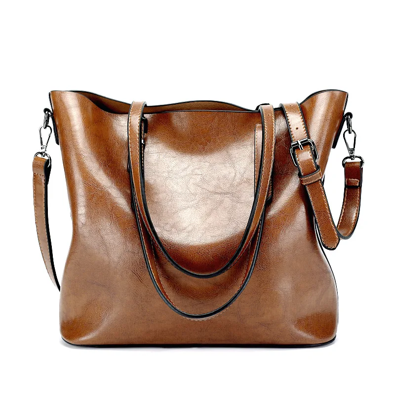 

Foreign Trade 2019 New Style Fashion Bucket Bag Versatile Crossbody Bag Simple Oil Wax Leather Hand Women's Tote Bag