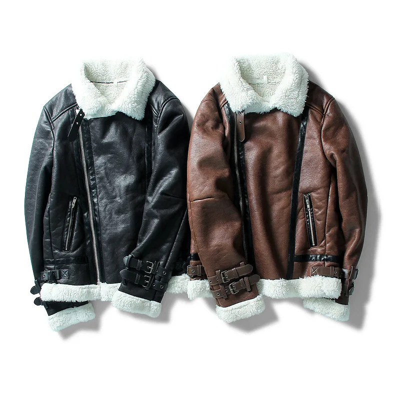 

Autumn And Winter plus Velvet Fur Lambs Wool Flight Locomotive PU Leather Korean-style Slim Fit Jacket MEN'S Outerwear COUPLE'S
