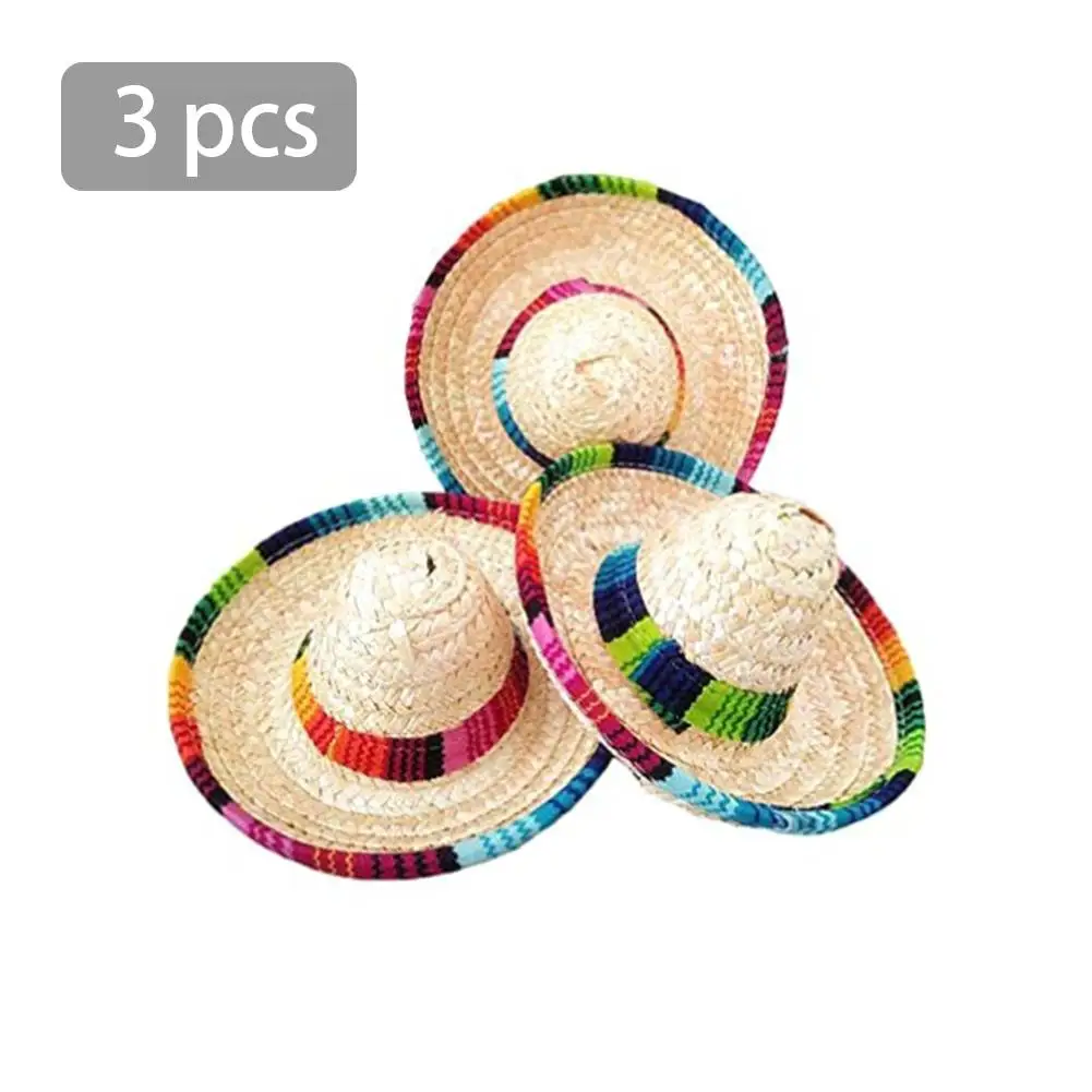 

3 Pcs Natural Straw Mini Hats Mexican Hat Braid Cap Party Supplies Carnival Birthday Party Decorations Hat DIY Cute Handmade Cap