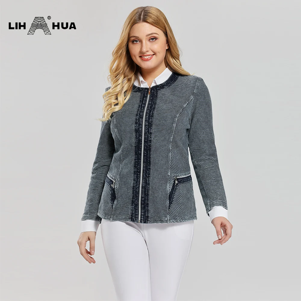 

LIH HUA Women's Plus Size Casual Fashion Denim Jacket Premium Stretch Knitted Denim with shoulder pads