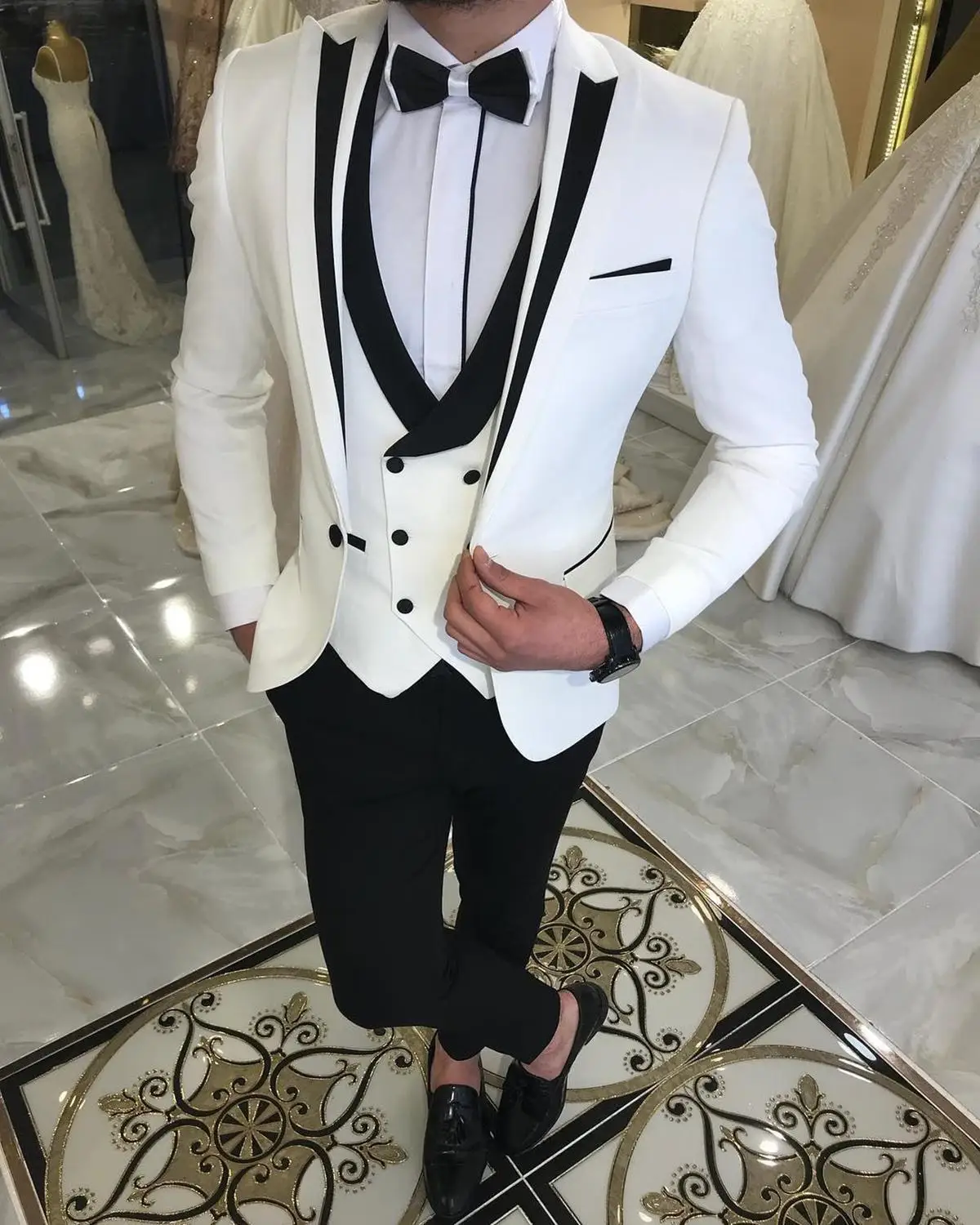 ( Jacket + Vest + Pants )Mens Suits 3 piece Tuxedos Shawl Lapel Business Casual for Wedding Suits Men 2019