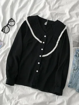 

Pleated Patchwork Black Women Shirts Autumn New Turn-Down Collar Ruffles Button Long-Sleeved Lady Elegant Outwear Cardigan Tops
