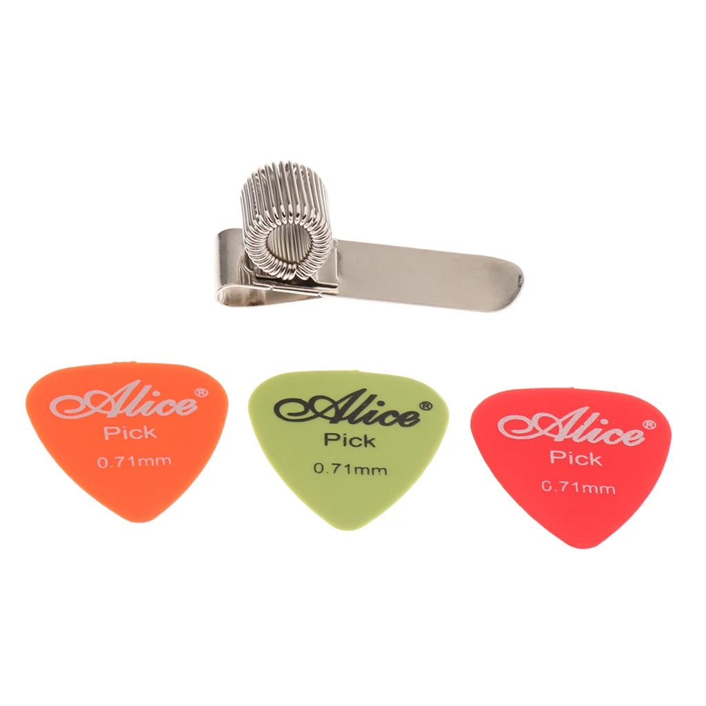 Portable 1 Set Guitars Picks + Aluminium Spring Pick Holder Clip to Strap