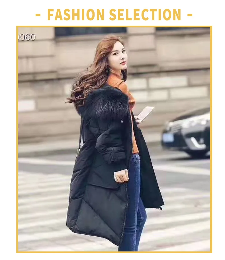 new winter long section of loose casual solid color hooded fur collar warm down jacket 928