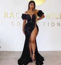 

New Long Prom Dresses 2021 Sexy High Slit Off The Shoulder Sparkly Sequin African Black Girls Evening Gala Gowns