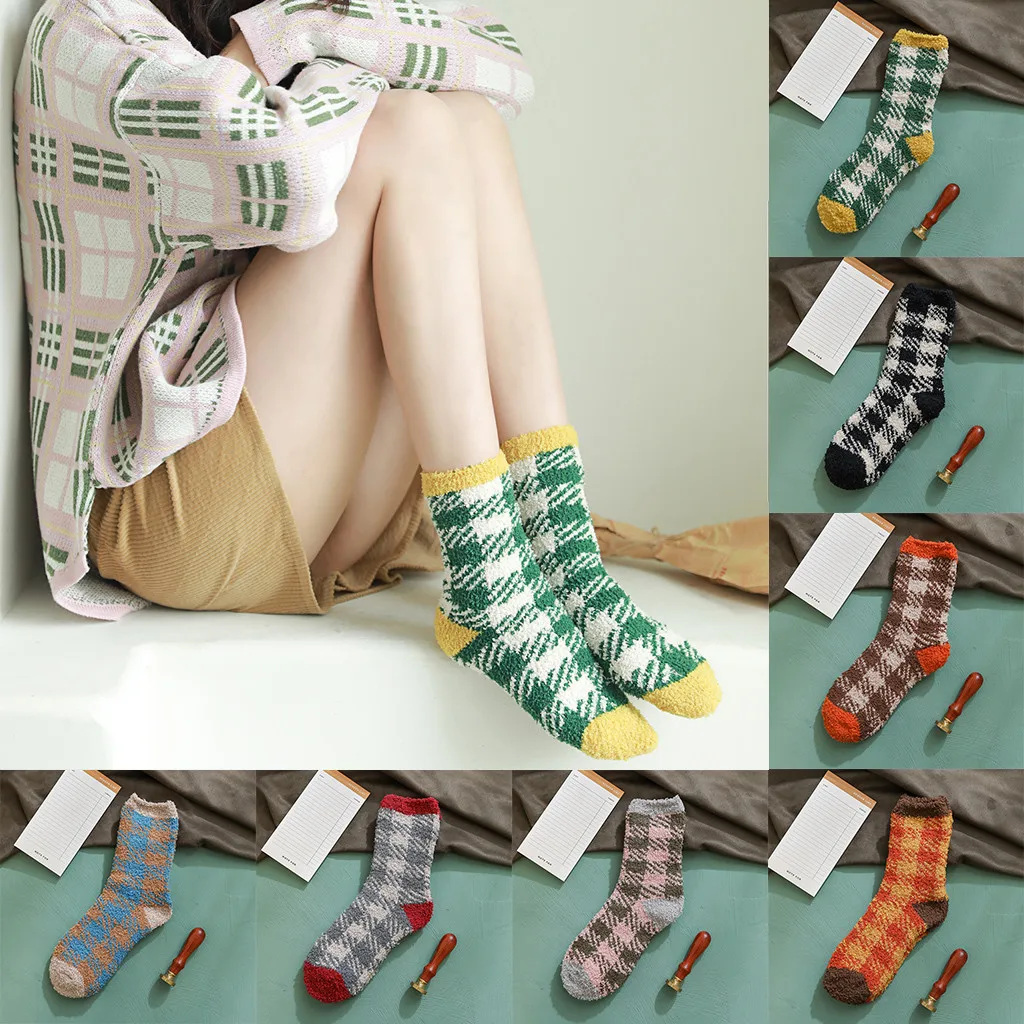 Модные домашние мягкие носки в клетку для женщин и девочек Теплые носки средней длины для сна