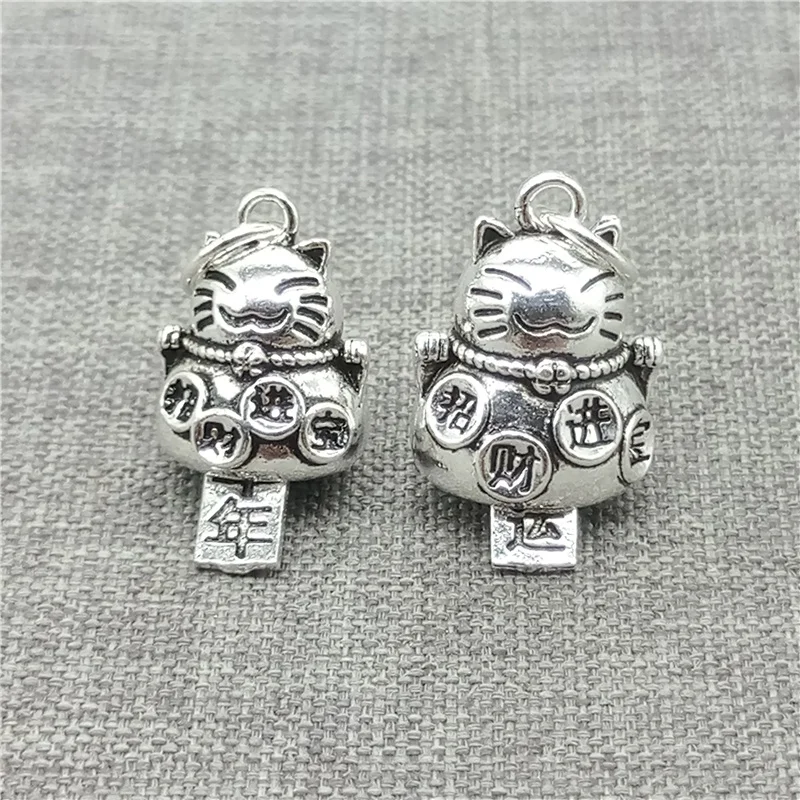 2pcs of 925 Sterling Silver Good Fortune Luck Cat Bell Charms Pendants