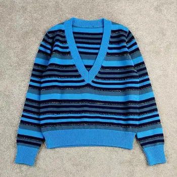 

V Neck Stripe Knitted Sweater Women Long Sleeve Fashion Sequin Thin Knitwear