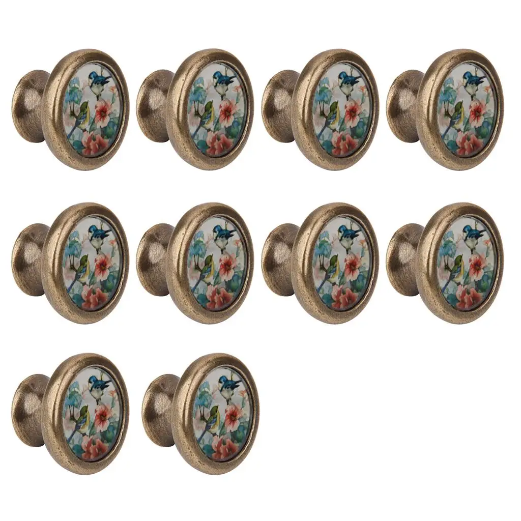 10Pcs Vintage Brass Wardrobe Drawer Door Cupboard Pull Bin Retro Handle Knob Birds and Flower Pattern