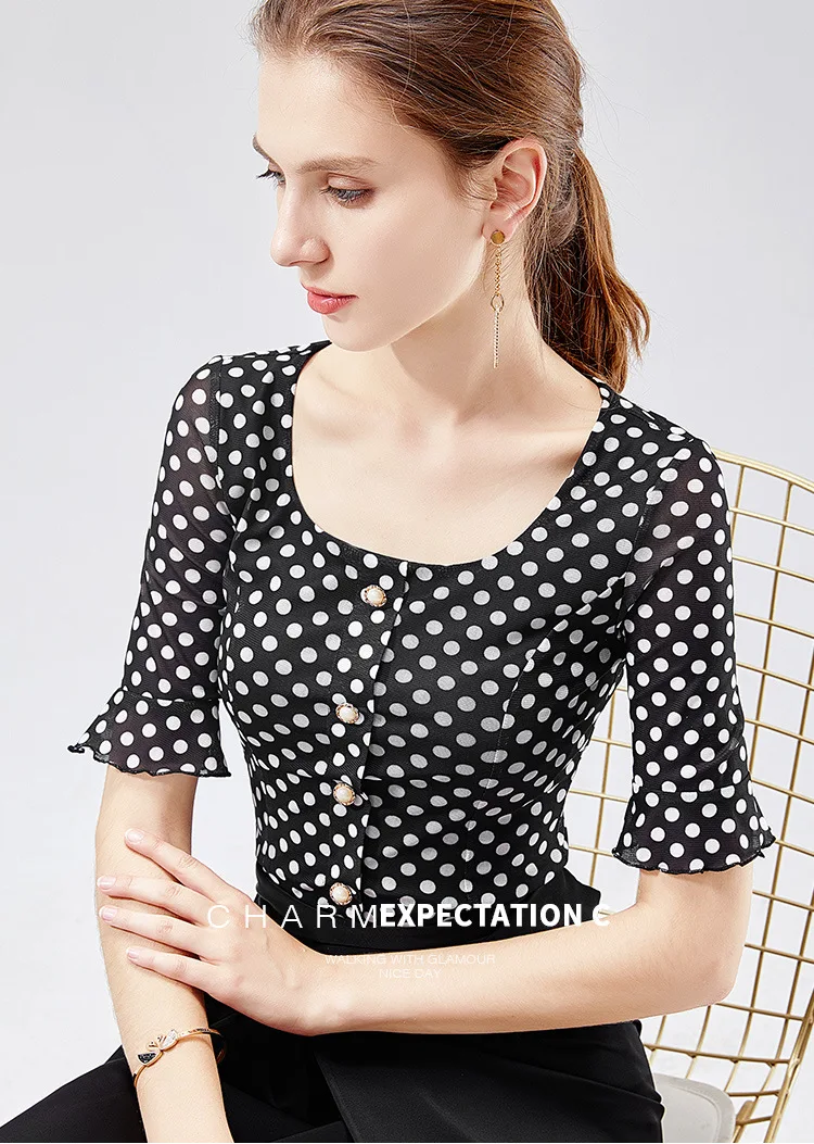 Women Latin Dance Tops Sexy Polka Dot Mesh Trumpet Sleeved Ballroom Dancing Practice Wear Cha Cha Samba Stage Outfit DWY2090
