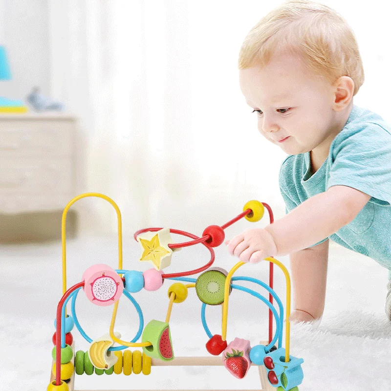 Baby Montessori Teaching Toys Wooden Mini Circle Bead Silk Mini Roller