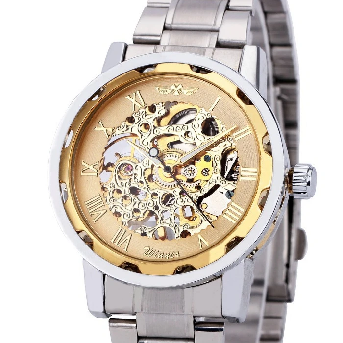 Fashion Winner Black Leather Band Stainless Steel Skeleton Mechanical Watch For Man Gold Mechanical Wrist Watch Luxury Brand 