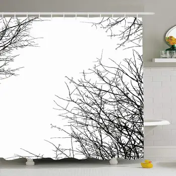 

Shower Curtain Set with Hooks 72x72 Tree Branch Drawing Silhouette Deciduous On Autumn Leafless White Old Nature Plant Bough