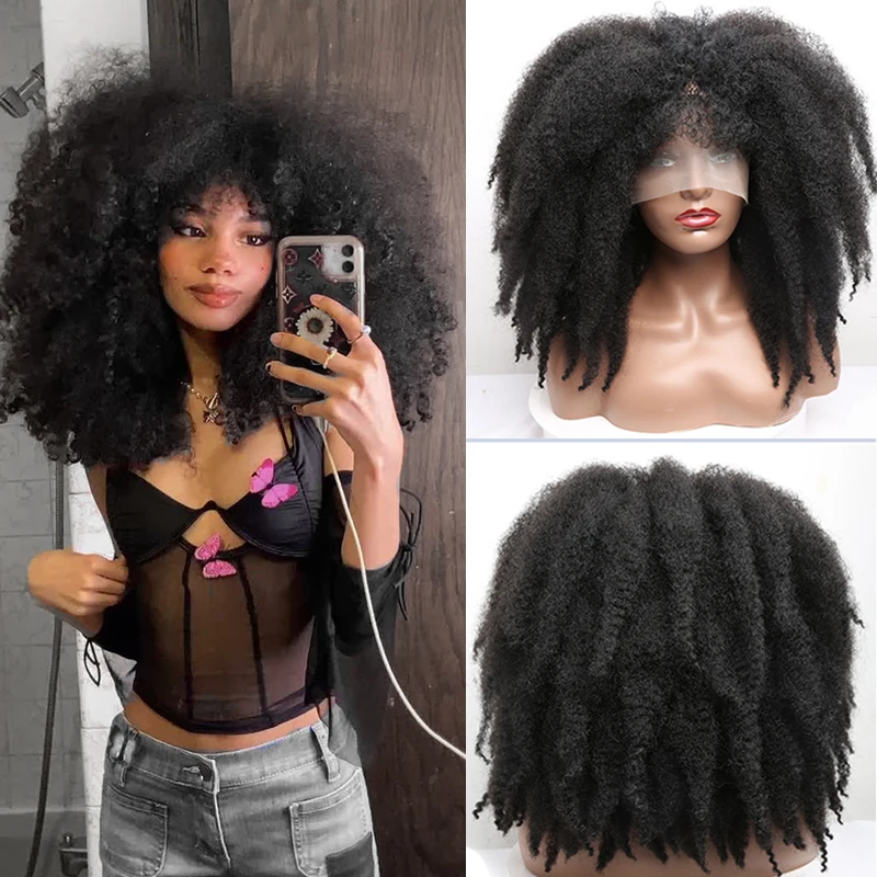 Synthetic Afro Marley Braiding Hair TLace Front Wig with Bangs Short Curly Wigs For Women Heat Resistant Omber Glueless Cosplay