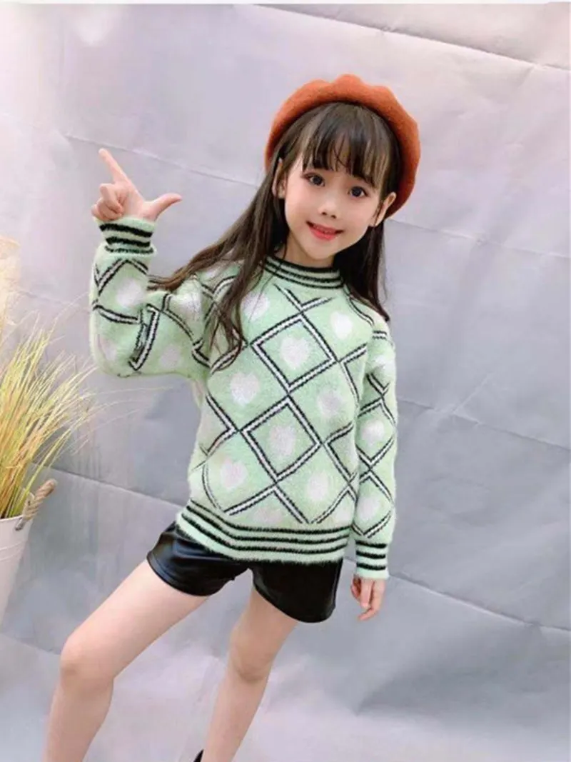 Теплый вязаный пуловер из меха норки с геометрическими фигурами; Детский свитер