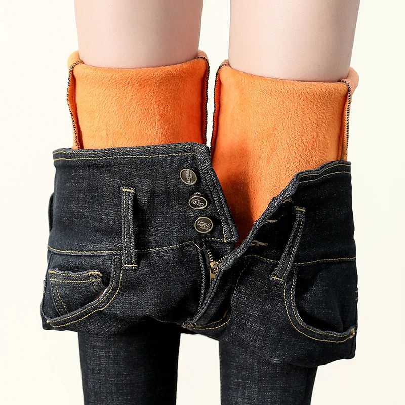 Best-selling Straight Pencil Pants Women Casual Tight-fitting High-waisted Trousers Thicken Velvet Winter Warm Female Jeans