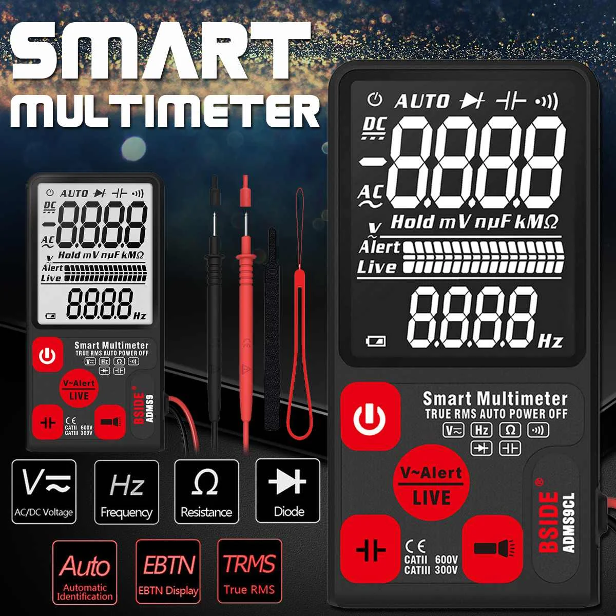 

ADMS9CL Auto Digital Multimeter 3.5 LCD 3-Line Display Tester 9999 Counts Range Voltage Capacitance Diode Resistance