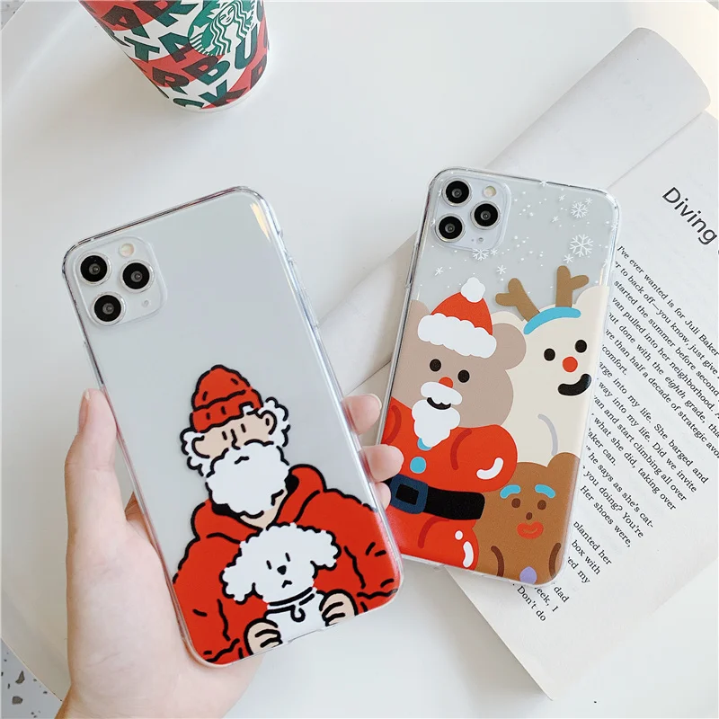 

Santa Claus Christmas deer snowman case for iphone 8Plus 8 7 Plus 11 Pro x xs max pretty red dress transparent elk soft cover