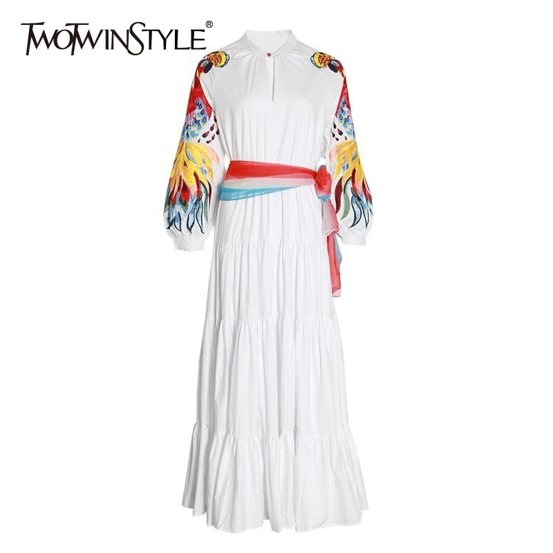 Tanie TWOTWINSTYLE haft sukienka dla kobiet O Neck latarnia z długim rękawem wysoka talia Lace Up sukienki kobiet duży rozmiar 2019 moda nowy