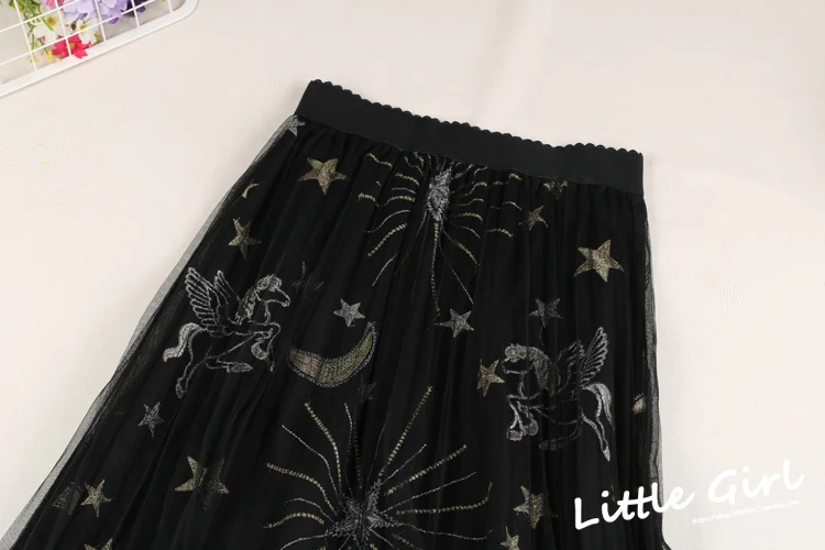 Universe Star Embroidery Women Tulle Skirt Spring Summer Mesh Long A Line Korean 2020 New High Waist Slender Star Feather tartan skirt