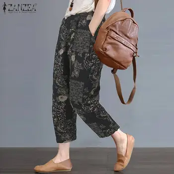 

2020 ZANZEA Summer Vintage Trousers Women Elastic Waist Harem Pants Retro Floral Printed Pantalon Turnip Cotton Linen Pants 5XL