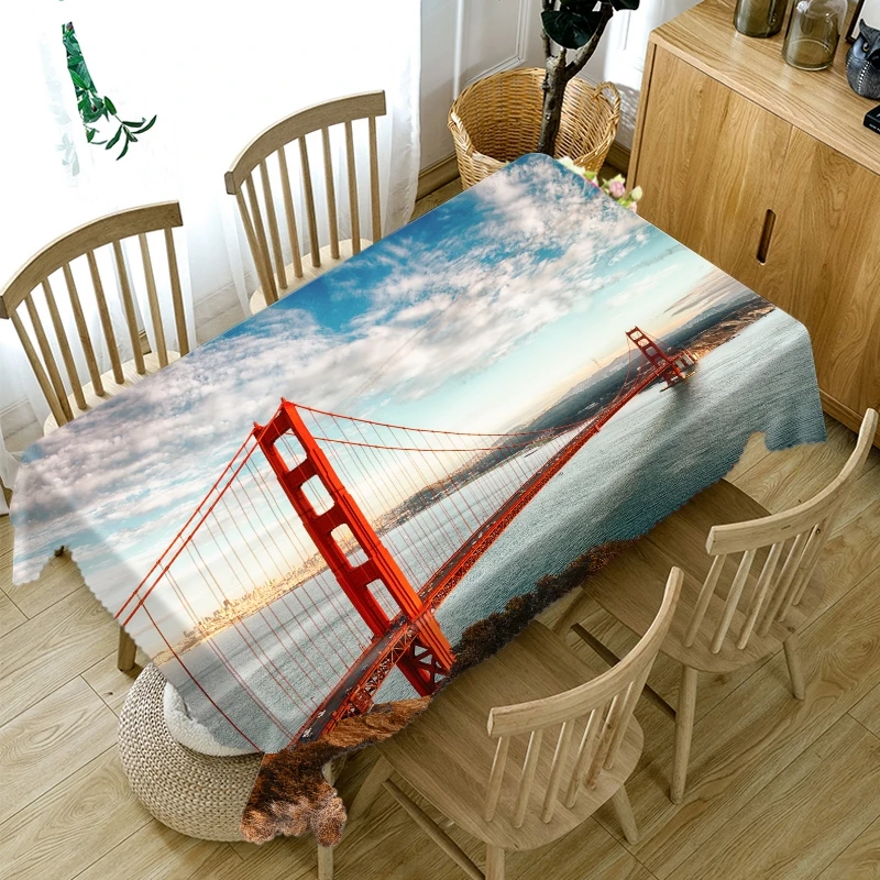 

3D Cross-river Bridge Seascape City Pattern Tablecloth Thicken Cotton Rectangular/Round Table Cloth for Wedding Picnic Party