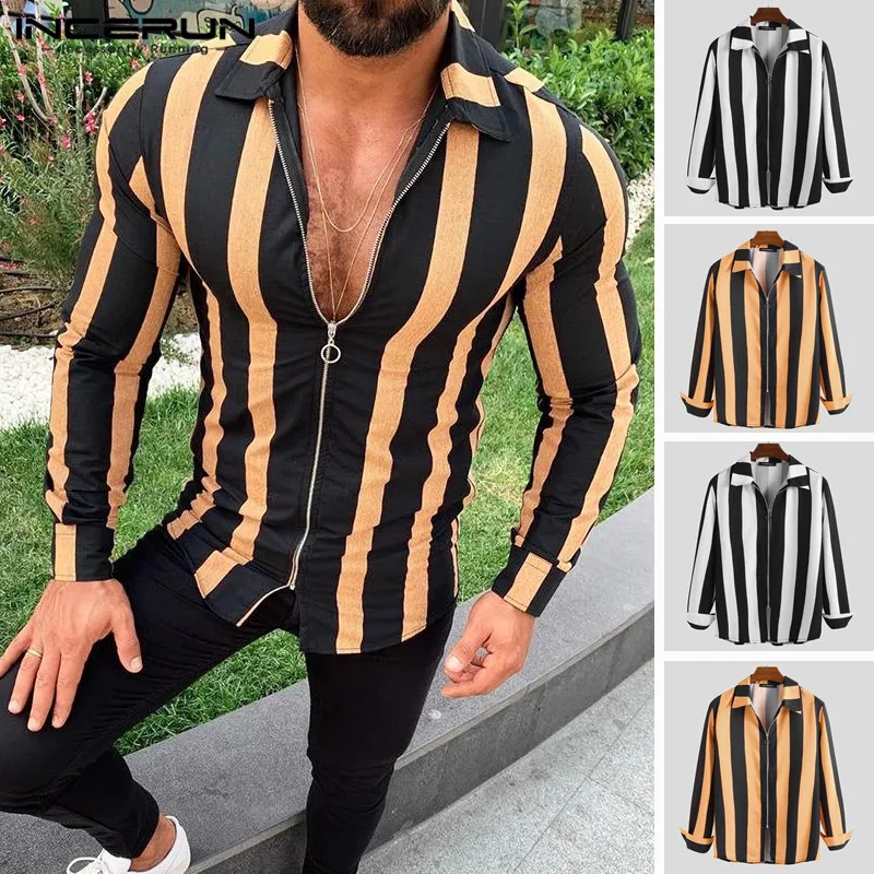 INCERUN 2020 Autumn Fashion Striped Shirts Men Long Sleeve Lapel Neck Streetwear Fitness Zippers Outerwear Chic Male Shirts 5XL INCERUN 2020 Autumn Fashion Striped Shirts Men Long Sleeve Lapel Neck Streetwear Fitness Zippers Outerwear Chic Male Shirts 5XL