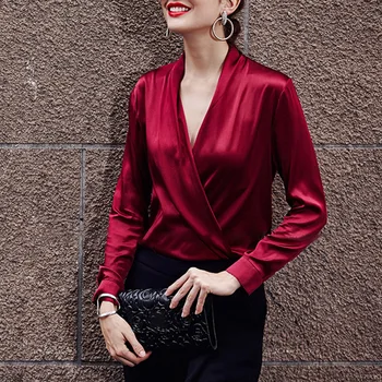 

Lessverge 2020 Spring Summer Red Long Sleeve Blouse Elegant White Slim Shirt Women V-Neck Satin Top Solid Work-wear