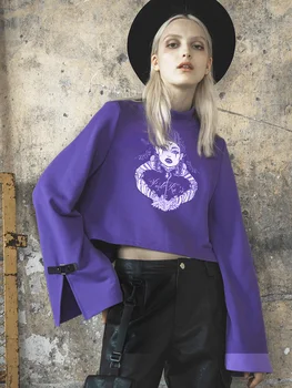 

PUNK RAVE Punk Lazy Wind Graffiti Sweater Female Loose Autumn Hood Short Paragraph Waist T-shirt High Collar