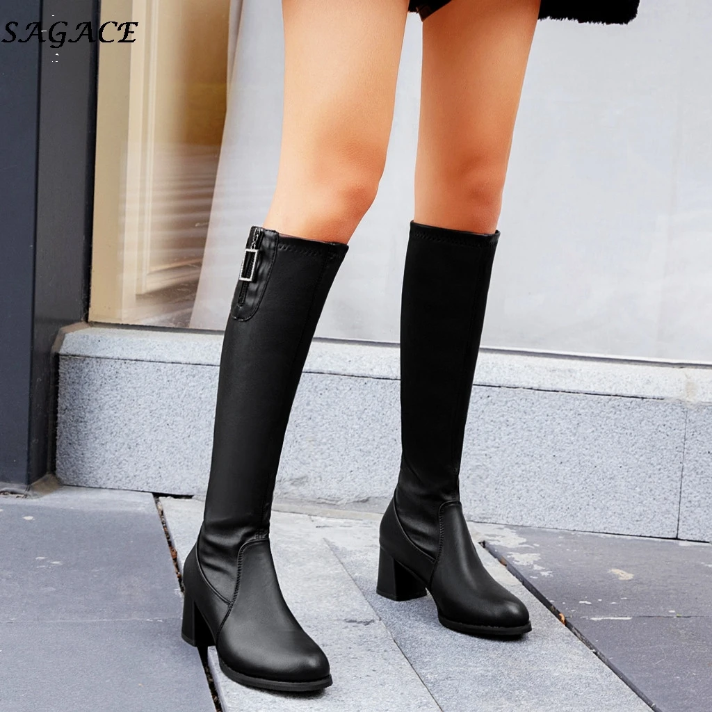 SAGACE women knee high boots fashion High heel Motorcycle boots winter warm Non slip Waterproof shoes woman botas mujer#4z