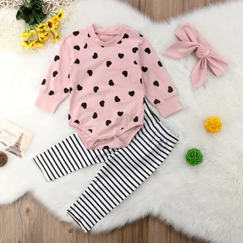 

Newborn Infant Baby Girl Clothes Set 3PCS Long Sleeve Heart Pink Romper Tops Striped Pants+Headband