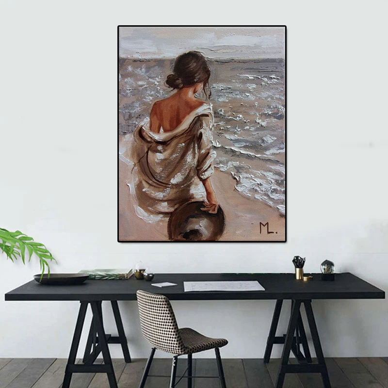Canvas Painting Living Room Decoration Oil Painting Poster PrintNaked Shoulder Girl With Hat In Hand Facing The Waves Frameless