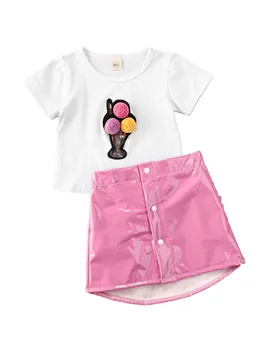

1-5Y Summer Cute Toddler Baby Girls Clothes Sets Short Sleeve Print T Shirts Tops+Pink PU Leather Skirts