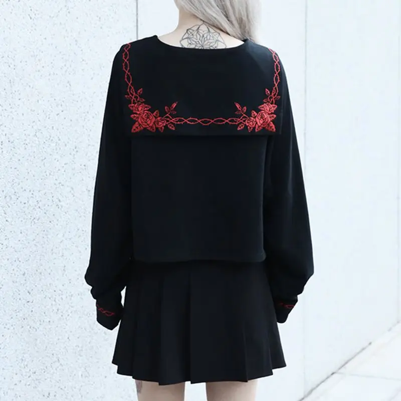 Корейские женские толстовки Лолита японский Harajuku вышитые футболки девушки топы в готическом стиле Kawaii Толстовка японский стиль матросский костюм