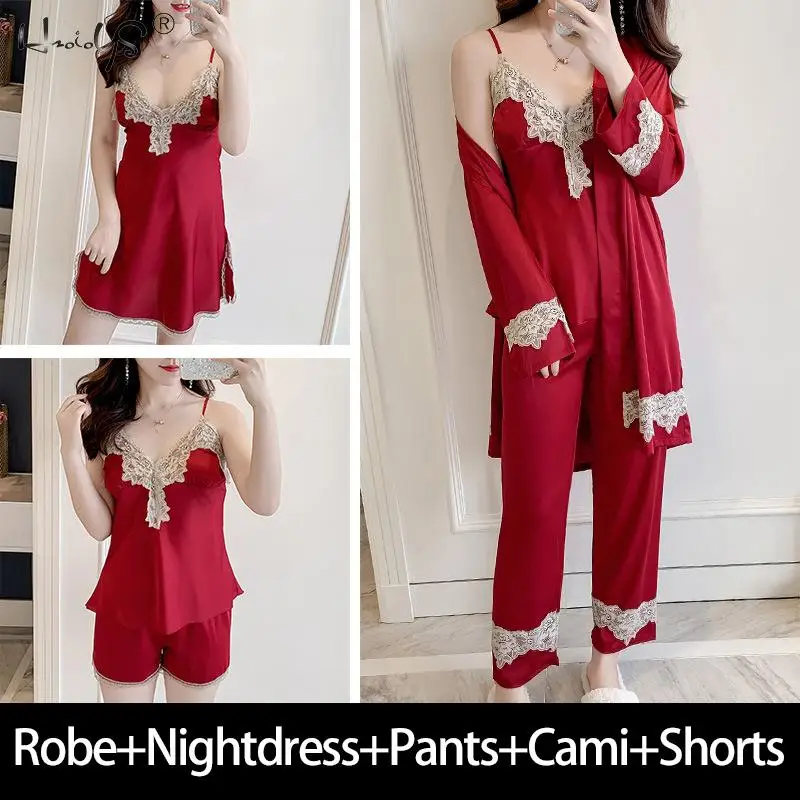 Женская пижама, шелковая атласная пижама, сексуальное женское белье, кружевной халат, ночная рубашка, пижамный комплект, 1 и 5 штук, пижама, домашняя пижама - Цвет: 5PS Wine Red