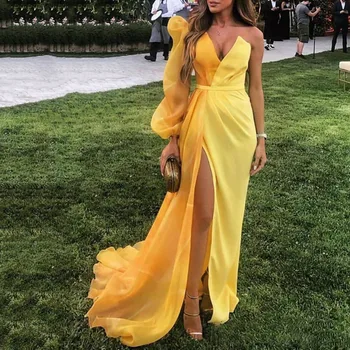 

Yellow Elegant One Shoulder Long Sleeves Sexy Split Front Banquet Dress Floor Length A Line Wedding Party Formal Party Dresses