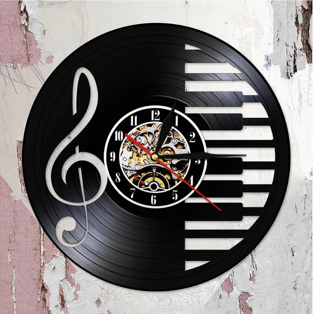 Музыкальные заметки виниловые пластинки настенные часы Элегантные черно-белые пианино ключи Настенный декор свет скрипичный ключ символ