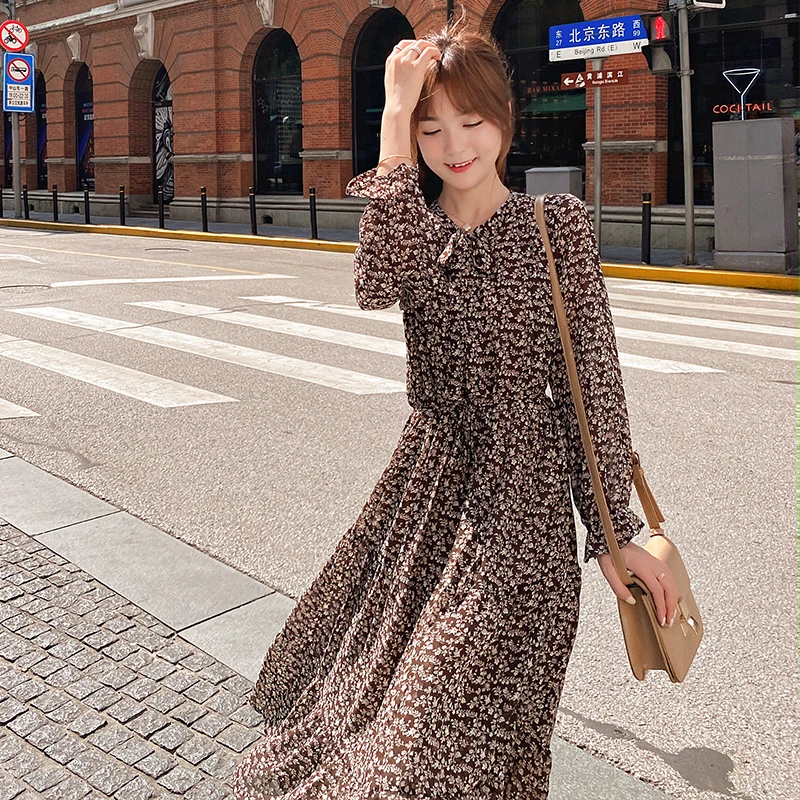 Tonglord Autumn Elegant Bow-neck Chiffon Dress Women Flare Sleeve A-line Floral Print Female Dress Vintage Long Vestidos Femme
