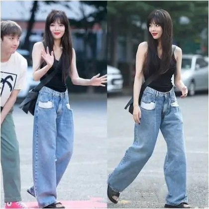 Hyuna Стиль Знаменитостей ковбойские свободные штаны женские свободные прямые Ранняя весна корейский стиль Популярные утягивающие ретро брюки