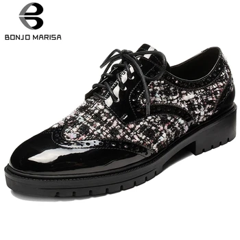 

BONJOMARISA Girl Fashion School Brogue Shoes Cool Lace Up Patchwork Flats Women 2020 Trendy Gingham Shoes Woman