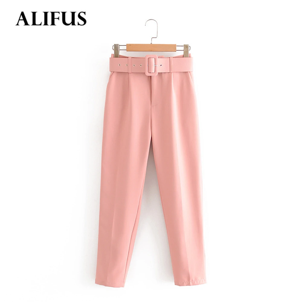 pink high waisted pants with belt