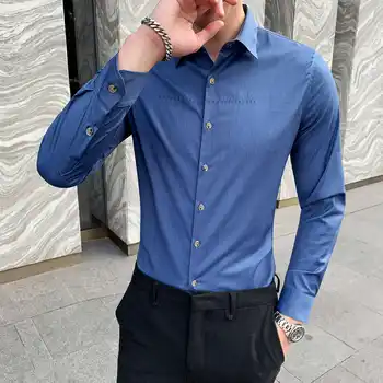 

2020 Spring Men's Fashion Shirt Embroidered Shirt Men Apricot Blue Men's High Quality Shirt Red Vestido Men's Office Dress