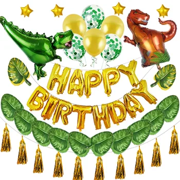 

Cute Kids Balloon Set Cartoon Banner Aluminum Film Inflatable Hanging Gift Birthday Party Dinosaur Theme Non Toxic Leaves