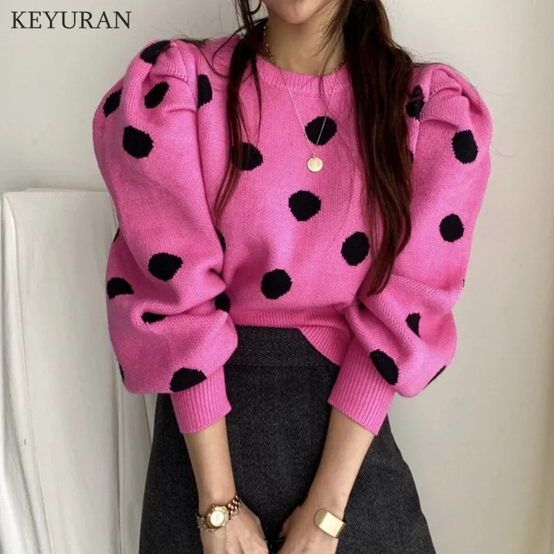 Korean Chic Puff Sleeve Sweater Women Stylish 2021 Autumn Winter Polka Dot Pullover Women's Knitwear Jumper Tops Lady | Женская
