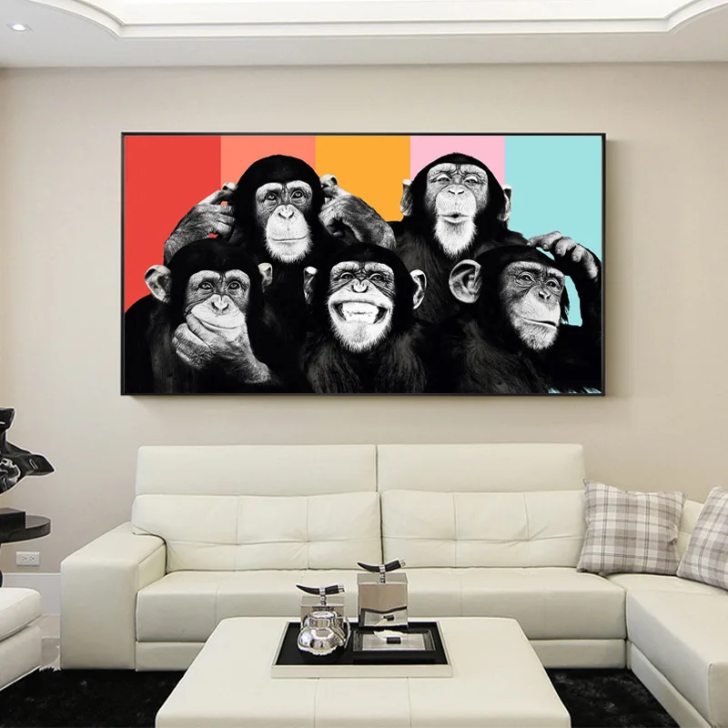 Пять шимпанзе и Baboons животное стены искусства холст картина для гостиной