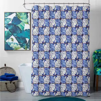 

Shower Curtains with Valance Attached Moroccan,Geometric Composition with Checkered Squares Grid Tiles Angled Lines Flowers,