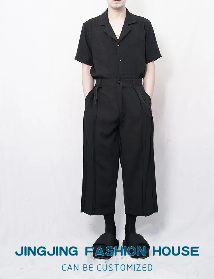 S-6XL!! 2021 men's casual trousers wide leg trousers culottes pleated trousers black culottes